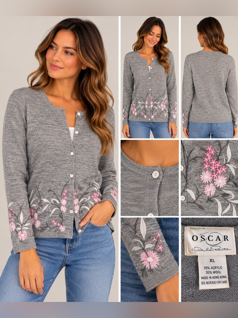 Vintage Oscar de la Renta Gray Floral Embroidered Cardigan XL - Picture 1 of 6